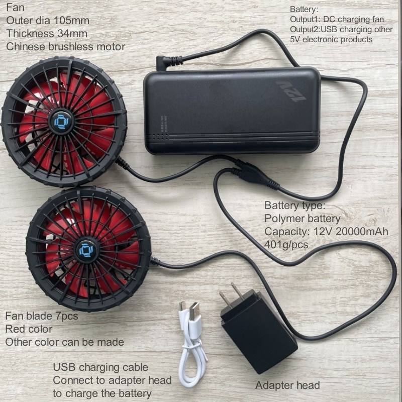 Klimalı Ceket Soğutma Fan Bataryası 12v 20000mAh Yüksek Hız 10H Çalışma Süresi